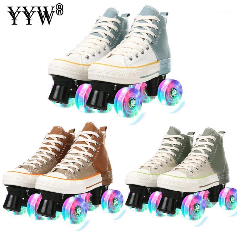 

YYW Girls Women Men Canvas Roller Skates Skating Shoes Sliding Quad Sneakers 4 Wheels 2 Row Line Outdoor Training Gym Flashing1, Blue black wheels