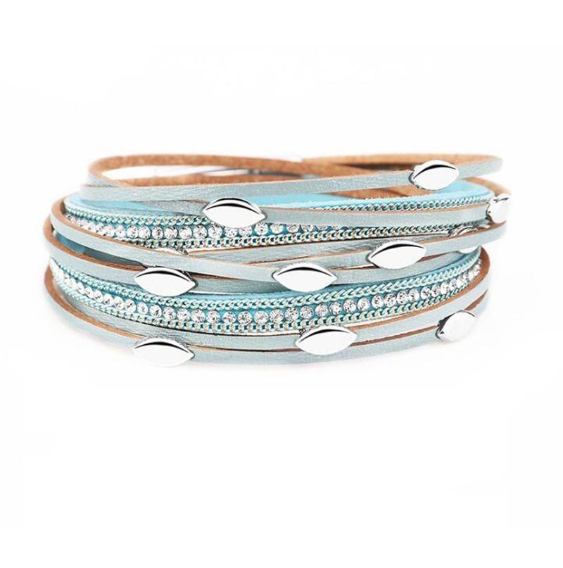 

Fashion Elegant Multilayer Leather Leaf Bracelet Shiny Rhinestone Inlaid Women Charm Prom Jewelry