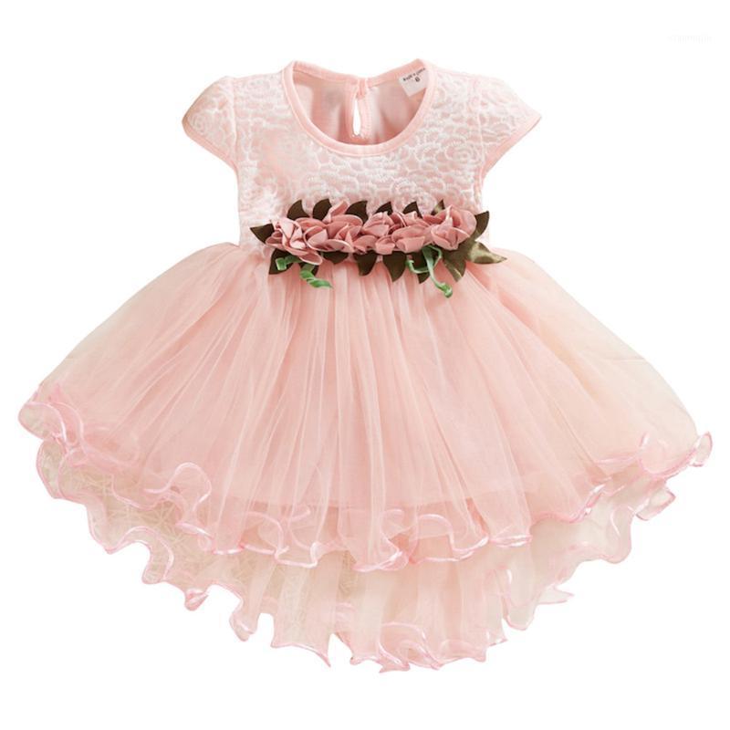 

Toddler Girls Princess Dresses sleeve flower stitching frill mesh Floral Tulle princess dress Ruched Clothes dress L12111, Pink
