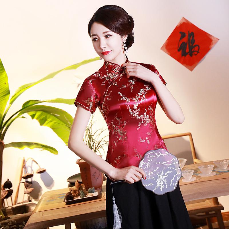 

Chinese Traditional Tops Women Silk Satin Shirt Plum Blossom Embroidery Blouse Plus Size S M L XL 2XL 3XL 4XL
