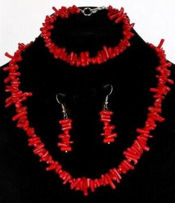 

5x12mm Natural Red Coral Chip Gems Beads Necklace Bracelet Earrings Jewelry Set