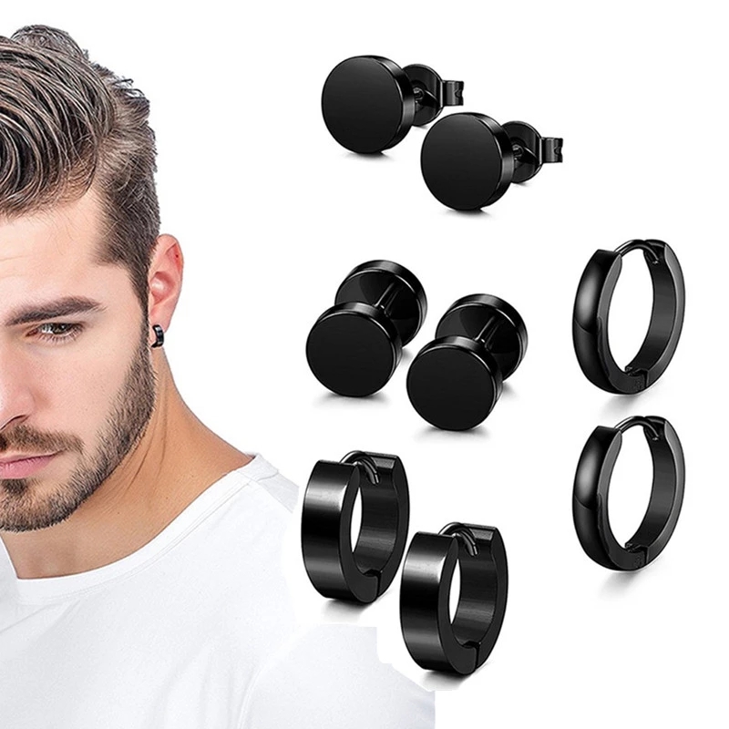 

1 Set 4 Pair Different Types Shape Unisex Black Color Stainless Steel Piercing Earring For Women Men Punk Gothic Barbell Earring