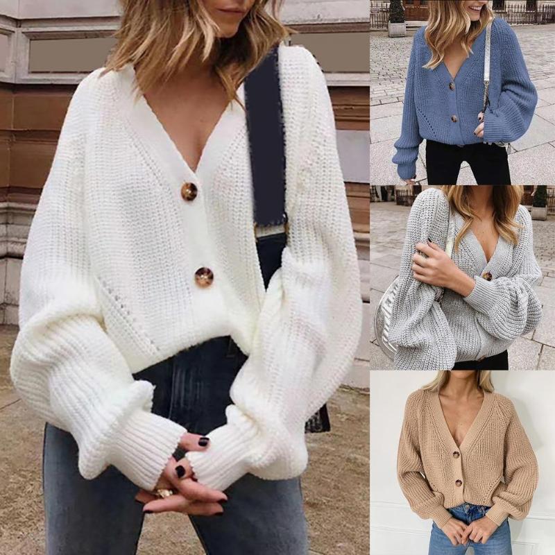 

Women's Knits & Tees Women Knitted Cardigans Sweater Solid Color Single-breasted Autumn Winter Loose Long Sleeve V Neck Coat Streetwear, White