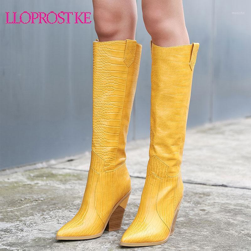 

Lloprost ke Knee High Boots for Women Pointed toe Square Heel High Heels Thigh Boots Fur Warm Motorcycle Botas1, Gold