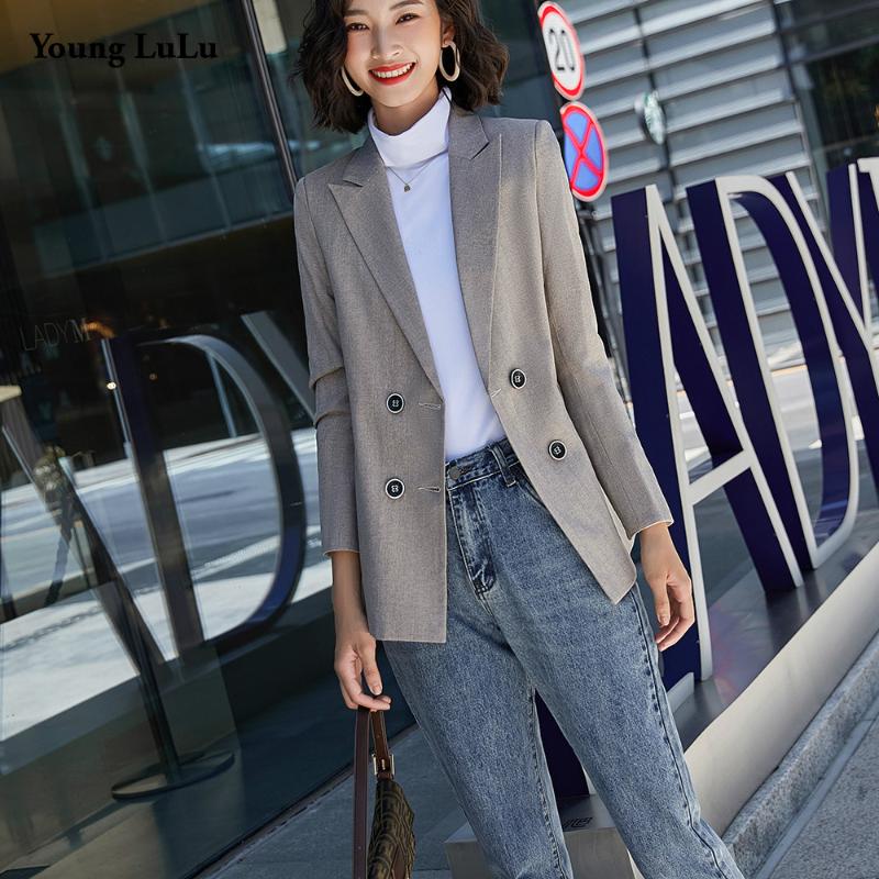 

New Fashion Doubel Brested Blazer Jacket Women Casual Long Sleeve Work Suit Coat Office Lady Solid Slim Blazers 2021 Plus Size, Dark grey