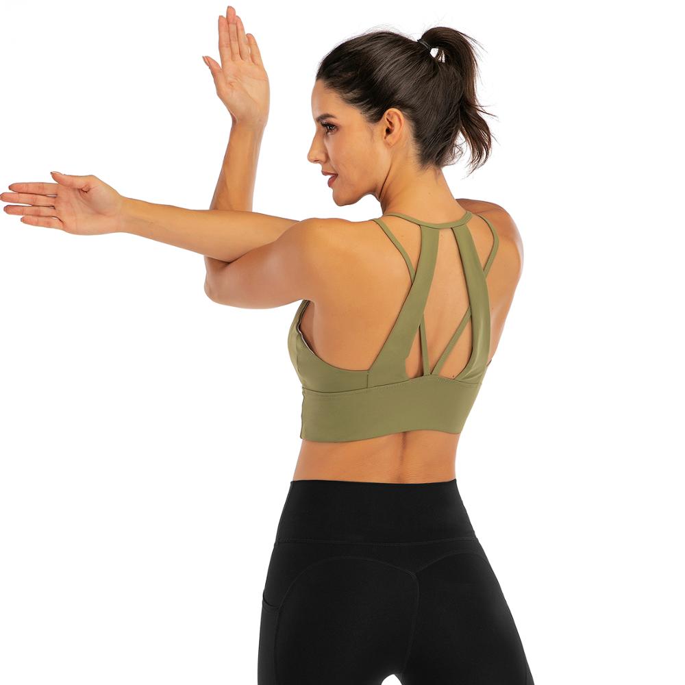 

Sexy Women Fixed Cup Sport Bra Top For Fitness Cross Back Solid Workout Crop Top Push Up Yoga Bra High Impact, Pink