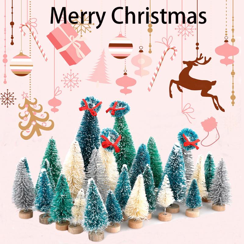 

22Pcs Christmas Mini Cedar Trees Set Sisal Snow Frost Trees with Wood Base Bottle Brush Plastic Winter Snow Ornaments
