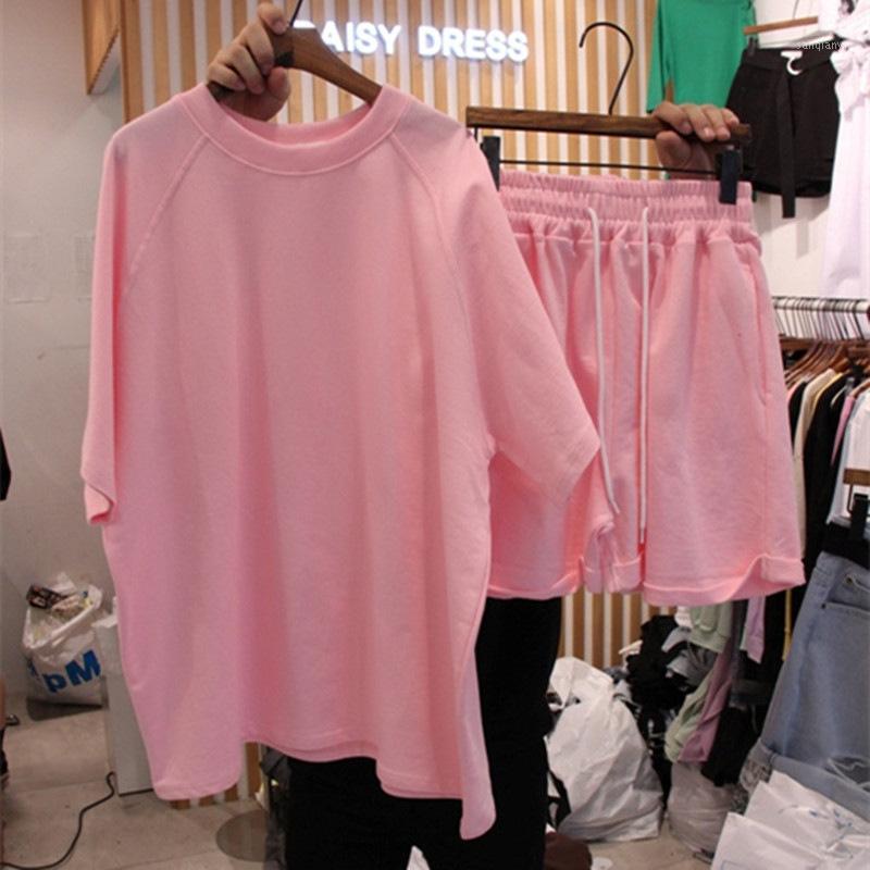 

Women 2-piece Suit Oversize O Neck Flanging Shorts Elastic Female Streetwear Summer Ladies Casual Sets Korean Tracksuits1, Pink