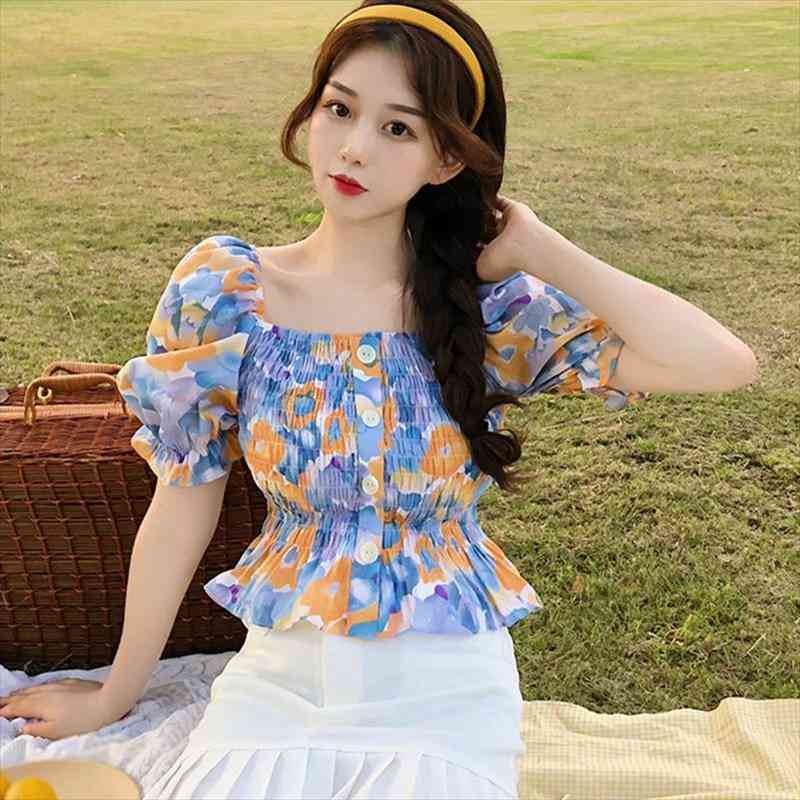 

womens blouses floral print square collar single-breasted sweet short sleeve shirt summer, White