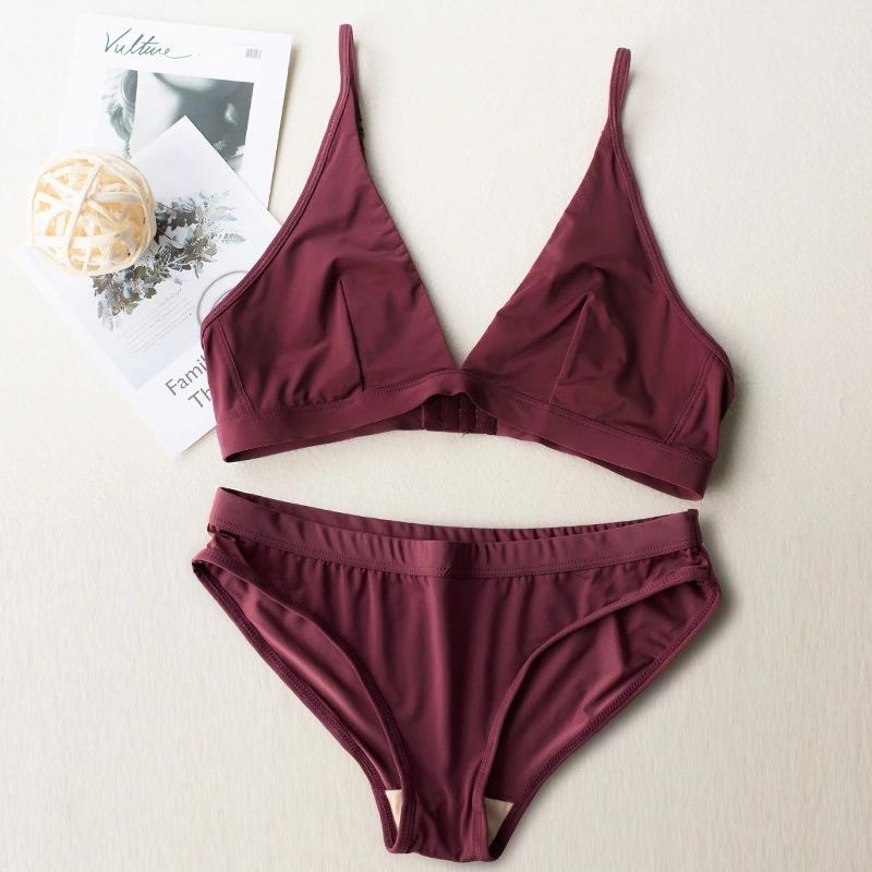 

Wriufred No padded bras sets ice silk seamless sexy lingerie set cotton underwear women breathable sleep bra panties suit, Burgundy