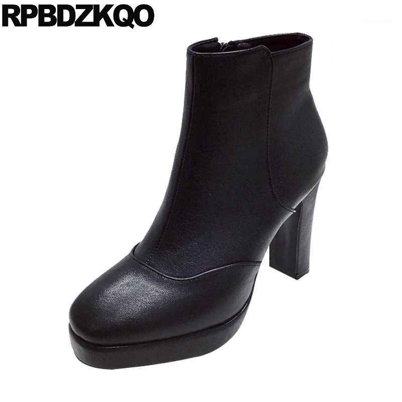 

fetish winter extreme shoes high heel women ankle fur round toe short cheap european brown block white platform boots chunky1, Black