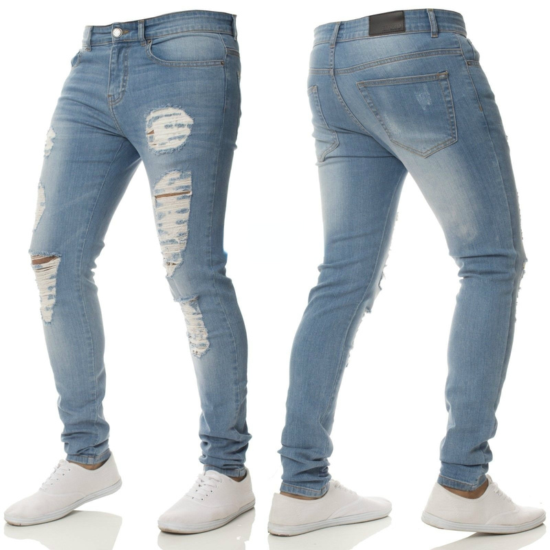 

Skinny Trousers Men's Jeans Pants Casual Fashion Male Ripped Biker Pencil Pants Middle Waist Stretch Jeans for Men Clothing, Blue