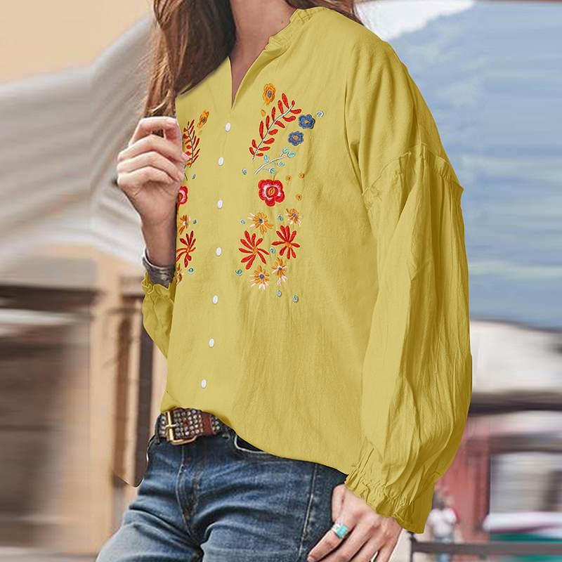 

2021 Spring Floral Embroidery Blouse Women Elegant V neck Shirt ZANZEA Vintage Ruffles Long Sleeve Blusas Buttons Cotton Tops, Green