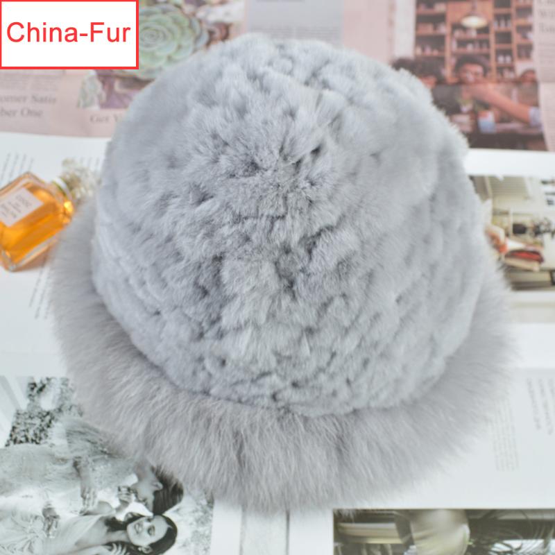

2020 New Style Fashion Winter Warm Knitted Real Fur Hats Bowler Solid Rex Fur Caps Beanies Lady Real Hat Skullies, Black