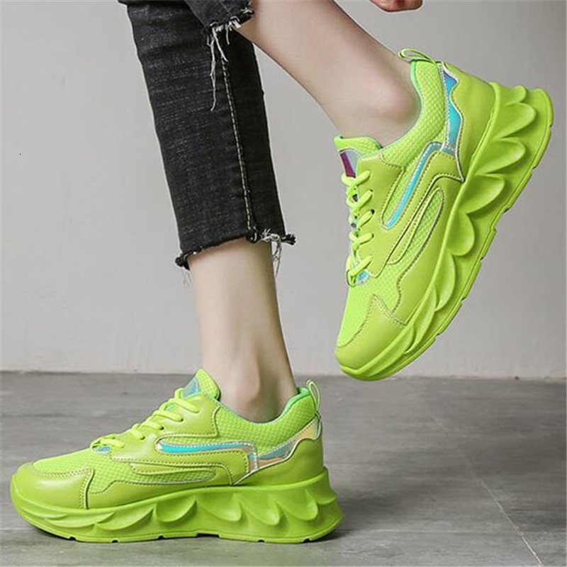 

New Fashionable 2021 Ladies Thick Women Leather Yellow White Femme Shoes 8OV1, Green.