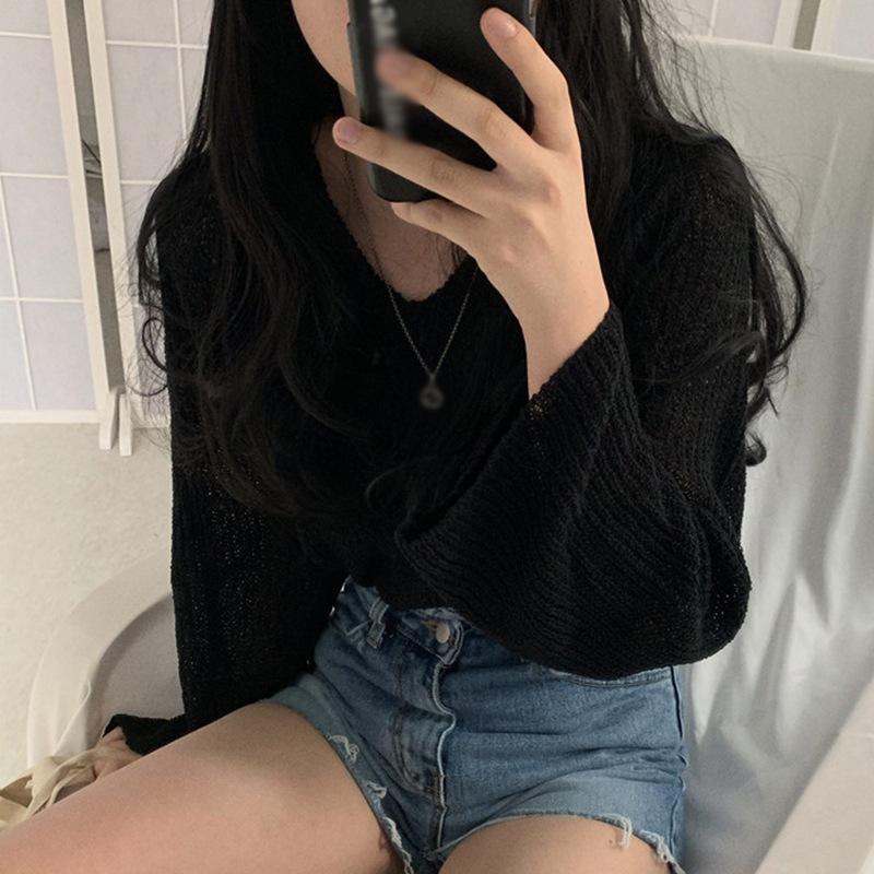 

Spring Autumn Lazy-style Loose Thin Knitted Sweater Women Soft Long-sleeved Sunscreen Tops