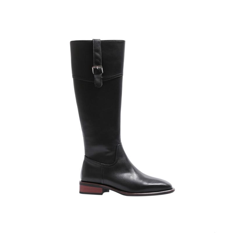 

British style cowhide material zippered decorative boots Rounded toes high heel side zipper rubber soles winter boots women, Black