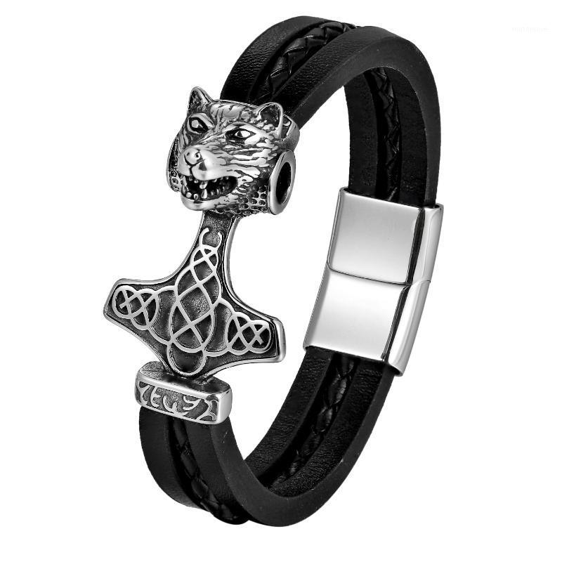 

BONISKISS Wolf Head Hammer Leather Bracelet Magnetic Stainless Steel Clasp Bangle For Men1