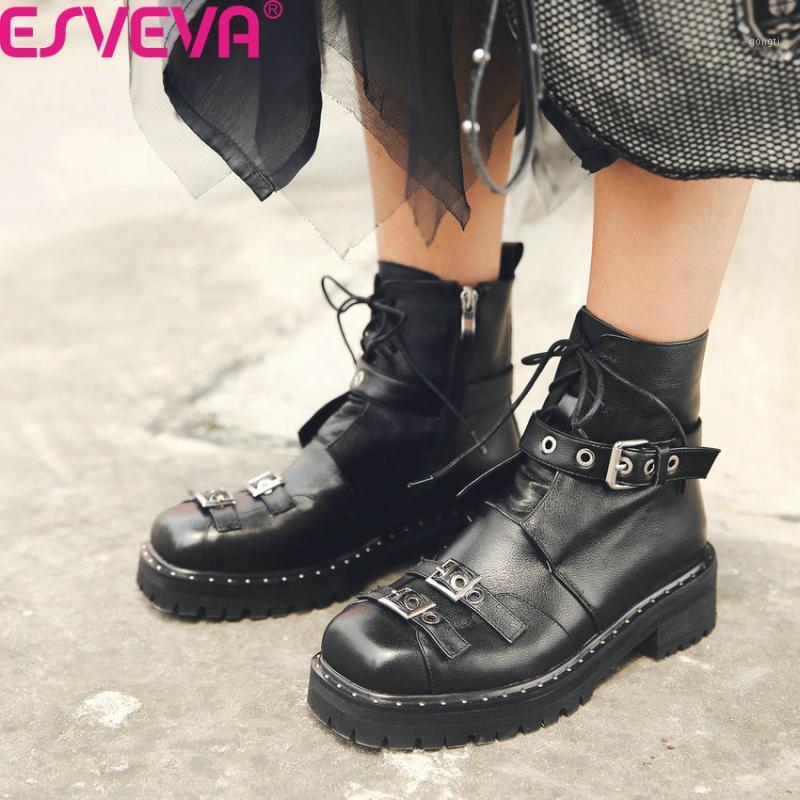 

ESVEVA 2020 Retro Square Toe Quality Cow Leather Women Shoes Square Heel Fashion Buckle Lace Up Zipper Ankle Boots Size 34-391, Black