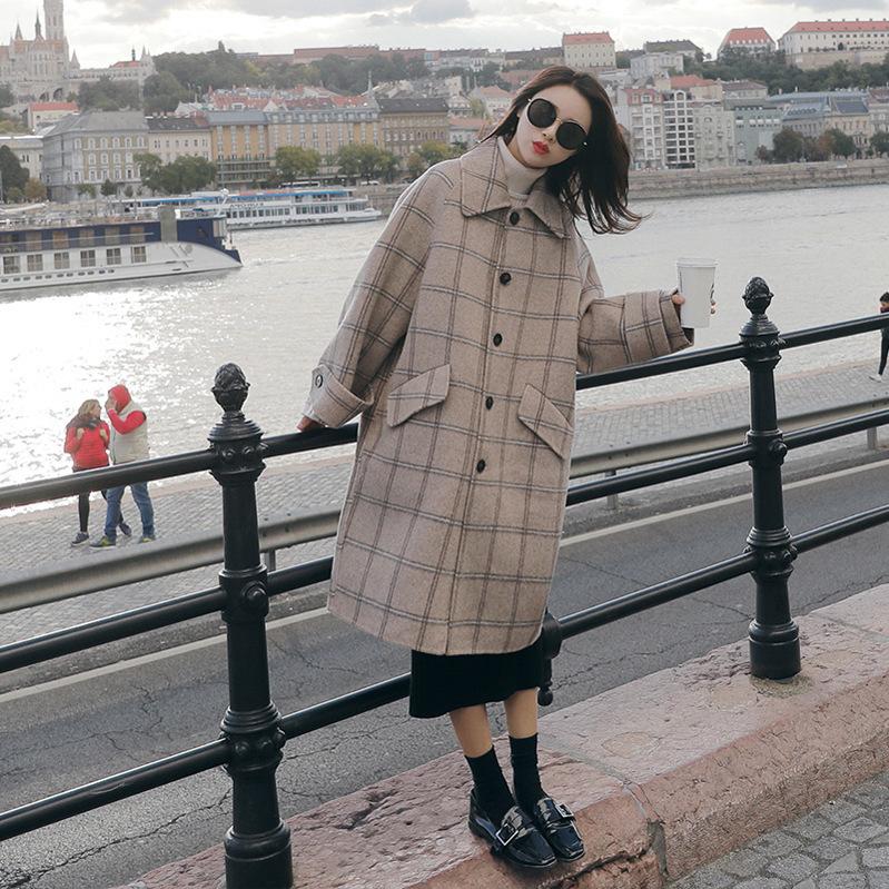 

Fashion Casual Plaid Single Breasted Wool Coat Women Turn-down Collar Wool Blend Coat and Jacket Full Sleeve Ladies Coats, Khaki