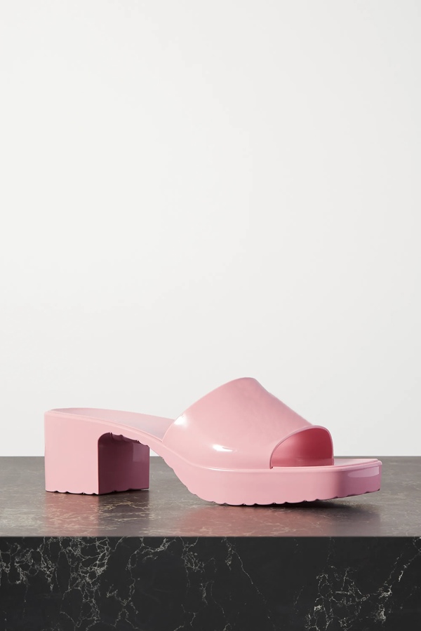 

womens jelly slippers Platform Mules girls fashion Pink rubber heeled sandals with Logo-embossed strap Open square toe, Beige