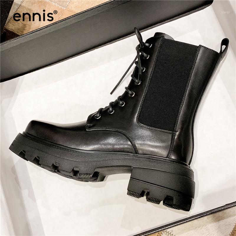 

ENNIS Brand Genuine Leather Boots Chunky Platform Boots Women Black Shoes Motorcycle Autumn Winter Lace Up New A29A1