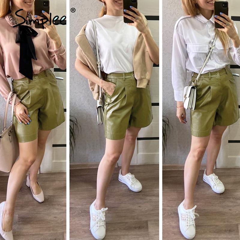 

Simplee Fashionable loose leather shorts Solid color high waist straight tube shorts Retro casual women' autumn 2020, Black
