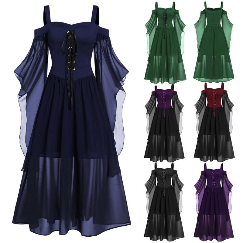 

Sexy Womne Solid Colors Long Sleeve Plus Size Cold Shoulder Butterfly Sleeve Lace Up Halloween Party Dress Costume vestidos#g3, Blue
