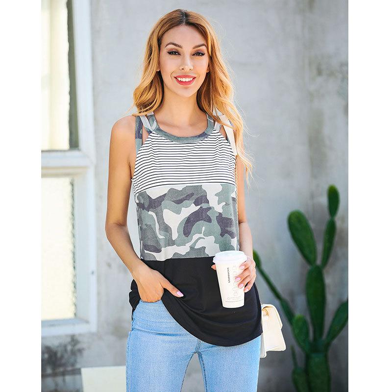 

2020 Summer Style Women Tank Top Fashion Vintage camouflage Stripe Pathwork Women Vest Tops Sleeveless Blouses, Black