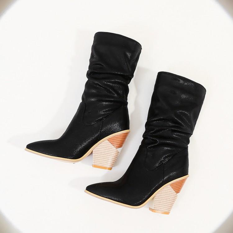 

New Women's Mid-calf Boots Fashion Snake Women Pointed Toe Ladies Chunky High Heel Female Shoes Woman Footwear Plus Size 35-43