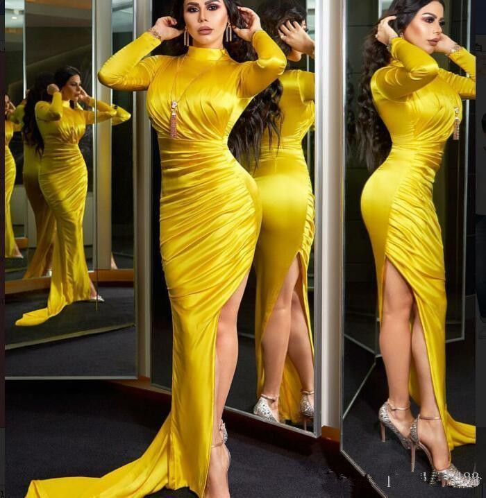 Cheap Newest Long Sleeves Evening Bright Yellow High Collar Party Formal Gowns Side Split Ruched Mermaid Prom Dresses