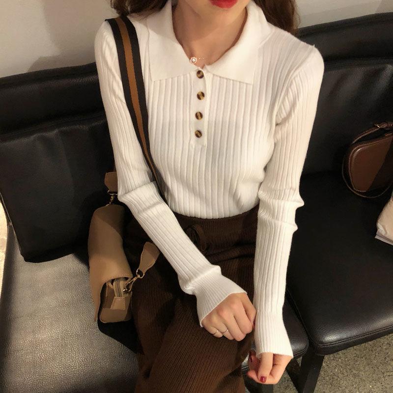 

Turn Down Collar Button Eibbed Solid Stripe Knitwear Tops Women High Elastic Slim Sweater Base Shirt Elegant Knitted Jumper, White