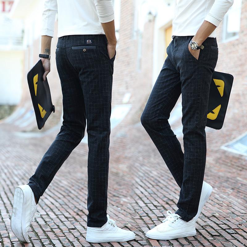 

Spring Autumn Men's Cotton Linen Slim Stretch Long Youth Plaid Straight Pants Men's Small Feet Casual pants Trend trousers, Gray 519