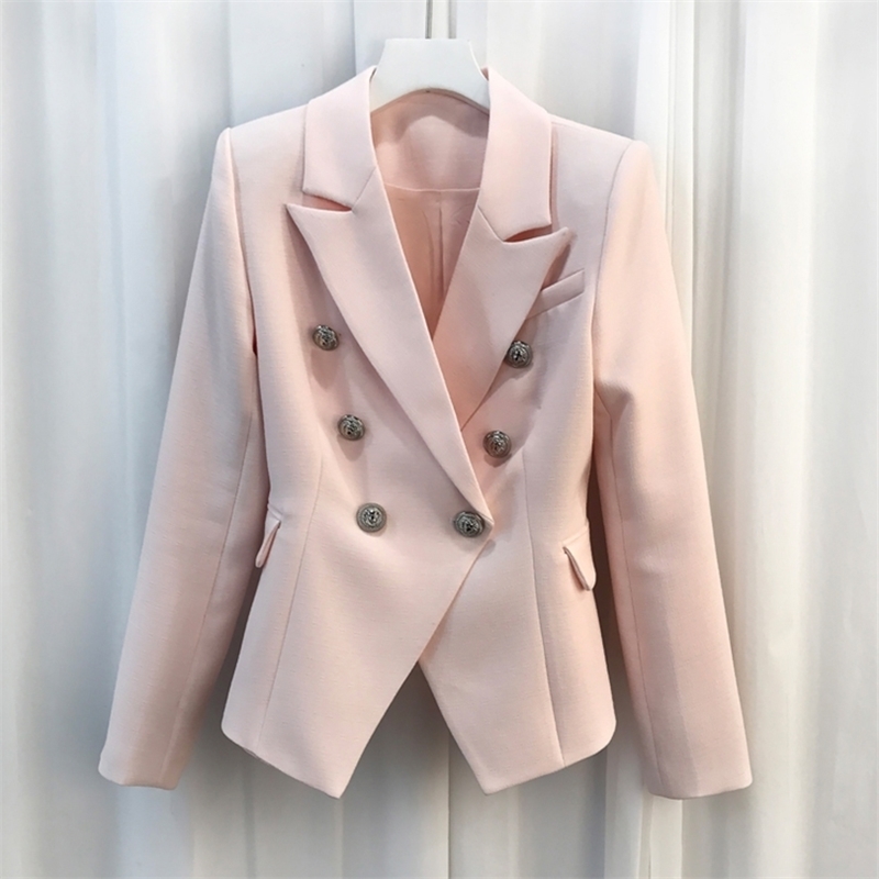 

HIGH QUALITY New Fashion Baroque Designer Blazer Jacket Women's Silver Lion Buttons Double Breasted Blazer Outerwear 201023, White