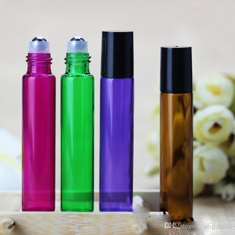 DHL Mix Purple Green Red Amber Colors 10ML Glass Roller Bottles with Stainless Steel Ball And Black Lids For Eliquid Essential Oil