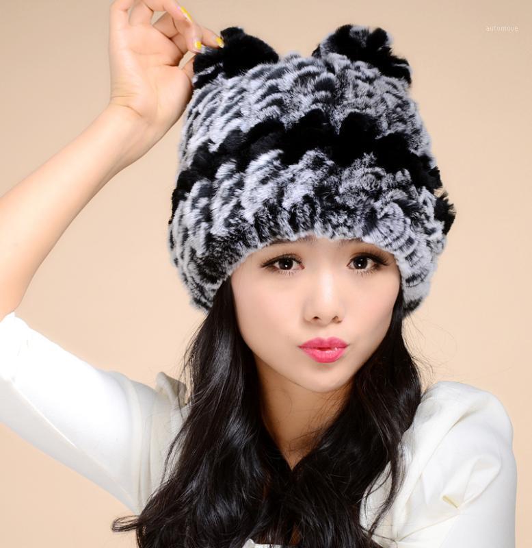 

2020 Luxury Lady Real Knitted Rex Fur Beanies with Ears Winter Genuine Women Fur Caps Female Hats Headgear 07041, As picture