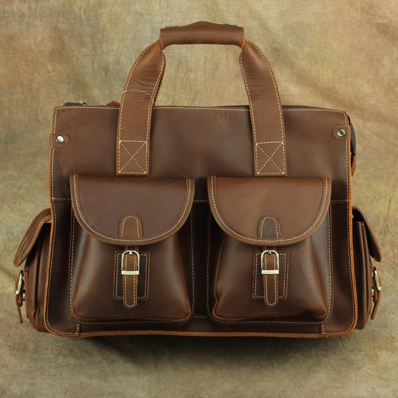 

Nesitu Vintage A4 Brown Genuine Crazy Horse Leather Office 14'' Laptop Men Briefcase Portfolio Business Messenger bag M0031