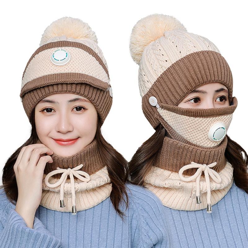 

3 Pieces Set Women's Knitted Hat Scarf Caps Neck Warmer Winter Hat For Ladies Girls Skullies Beanies Warm Fleece Caps