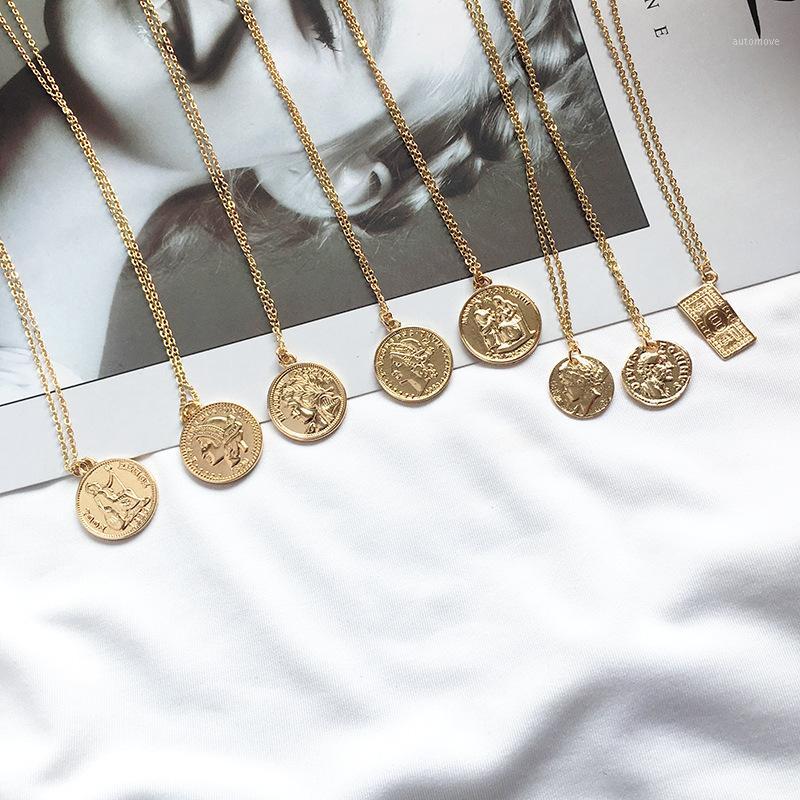 

Bohemia Simple Vintage Gold Carved Coin Necklace Rome Portrait Pendant Long Necklaces For Women Personality Jewelry1