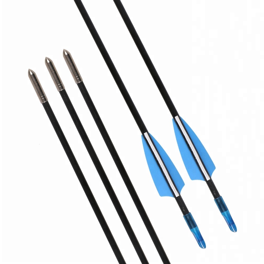 

750 Spine Archery shooting bow and arrows 2 blue 1 whte feather Target Hunting Arrows Fiberglass shaft Arrows with fixed Arrowhead