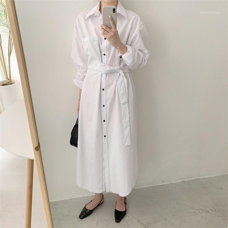 

New Design Retro Solid Bright Line Turn Down Collar Single Breasted Lace Up Waist Slim Long Woman Dress1, Black