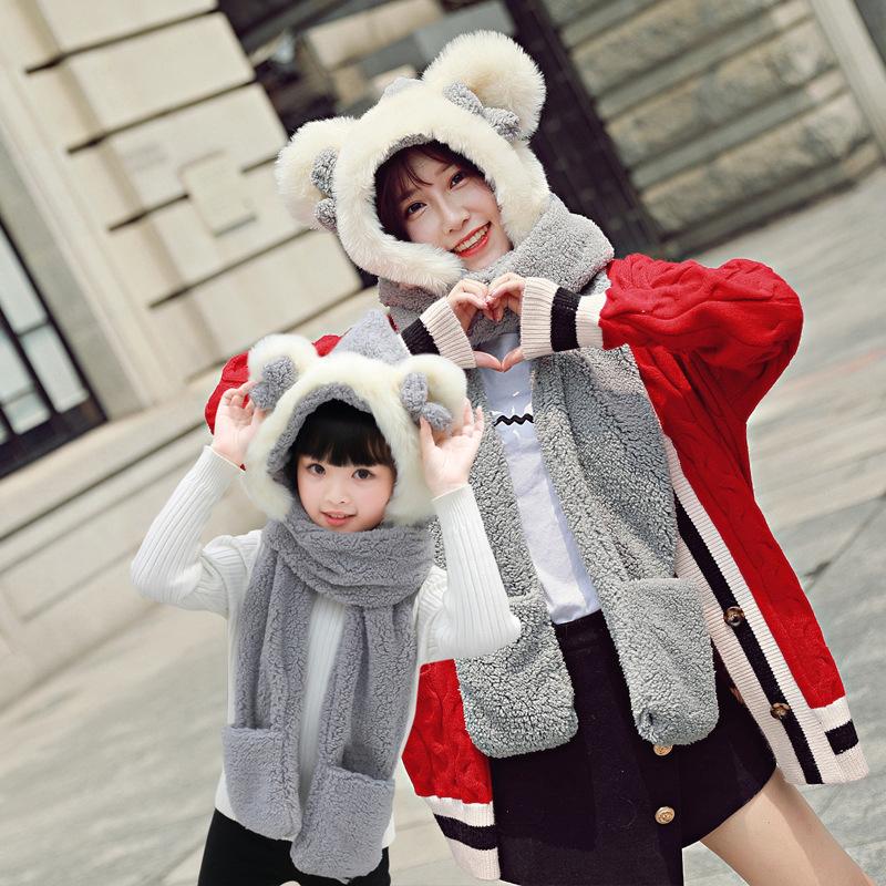 

Winter Adult Kids 3 In 1 Warm Plush Winter Hat Cute Bowknot Bear Ears Scarf Gloves Hoodie Cap