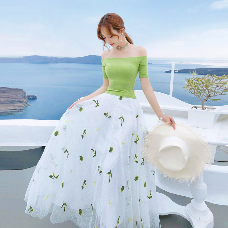 

Elegant Green Off Top the Shoulder and Embroidered Mesh Skirt Feminine Pieces Clothes Set of Two Garments Dressed 2021 Summer Wbdl, Beige