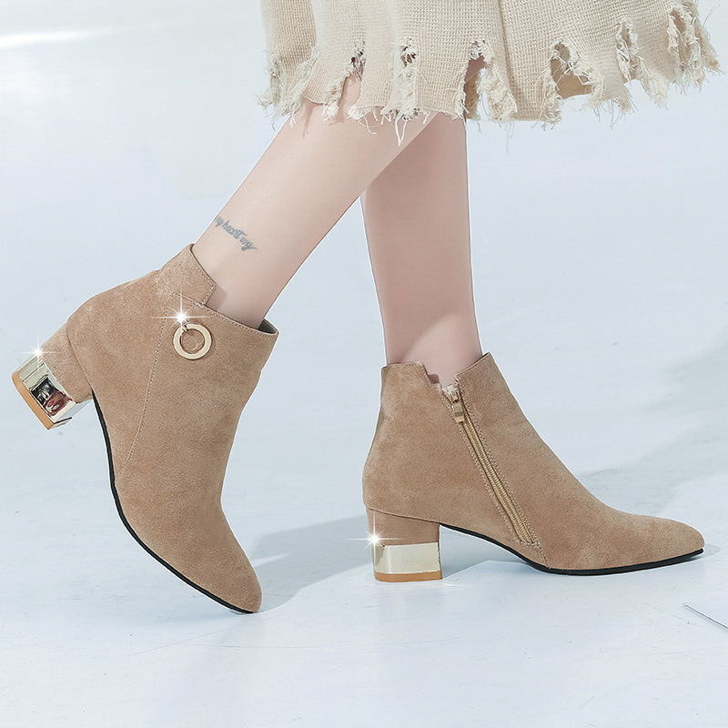 

Fashion Metal Decoration Mid Calf Boots for Women Novelty Flock Pointed Toe Autumn Boots Med Square Heel Winter Ladies Shoes, Black