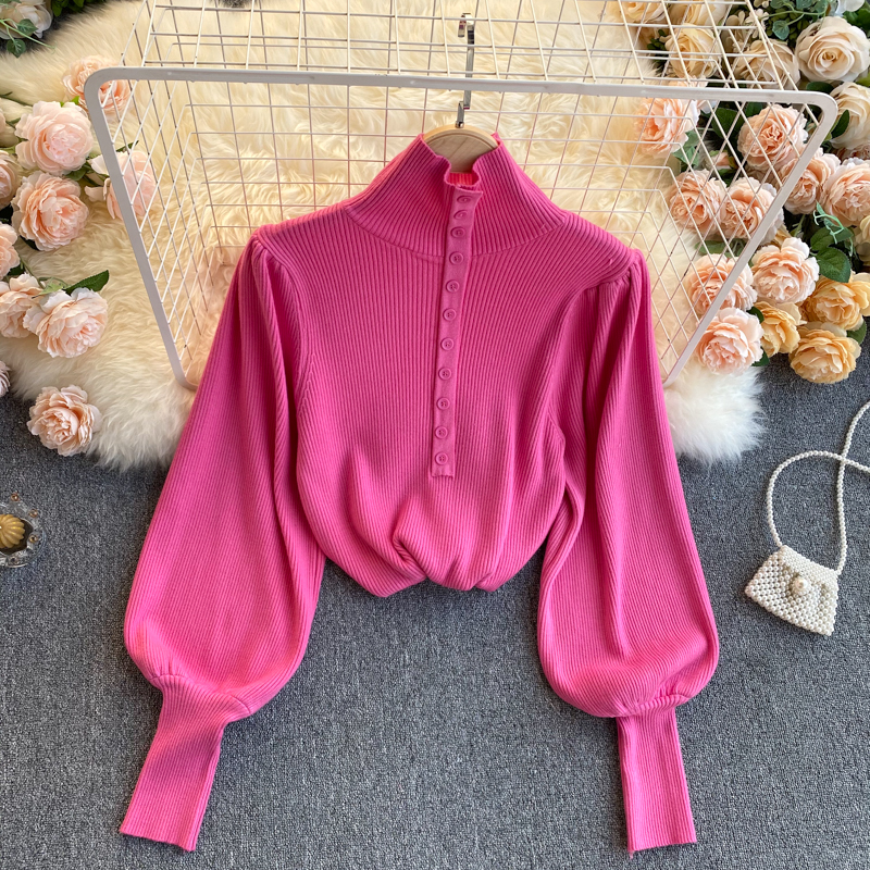 

2021 New Vintage female singiny knitted shirt winter puff button solid streetwear tops high neck 2NYJ, Pink