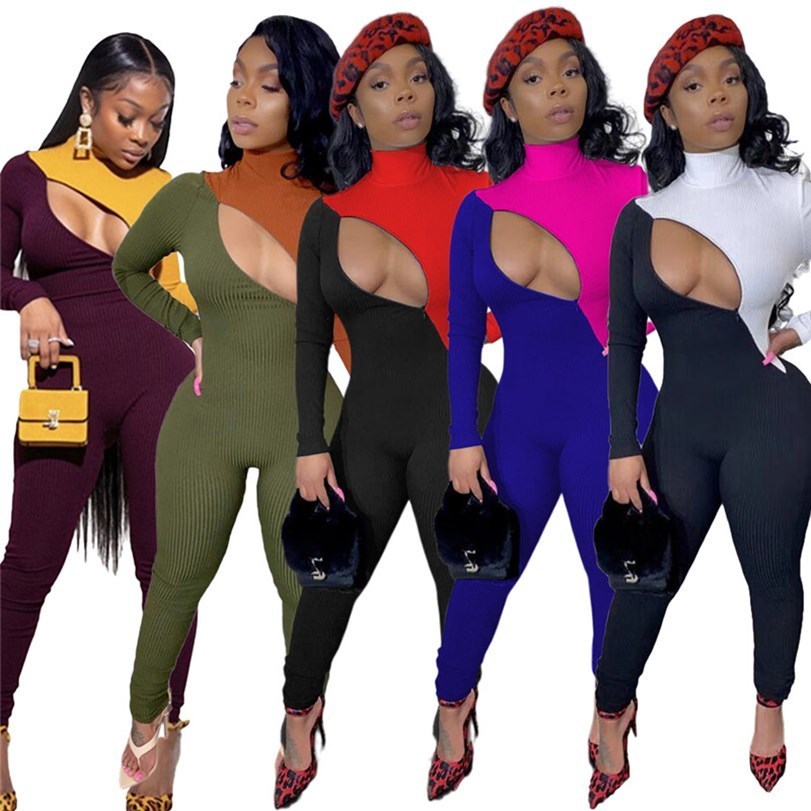 

Women jumpsuit long sleeve panelled bodysuit Article pit fall winter casual clothing S-2XL sexy rompers zipper overalls leggings DHL, Red