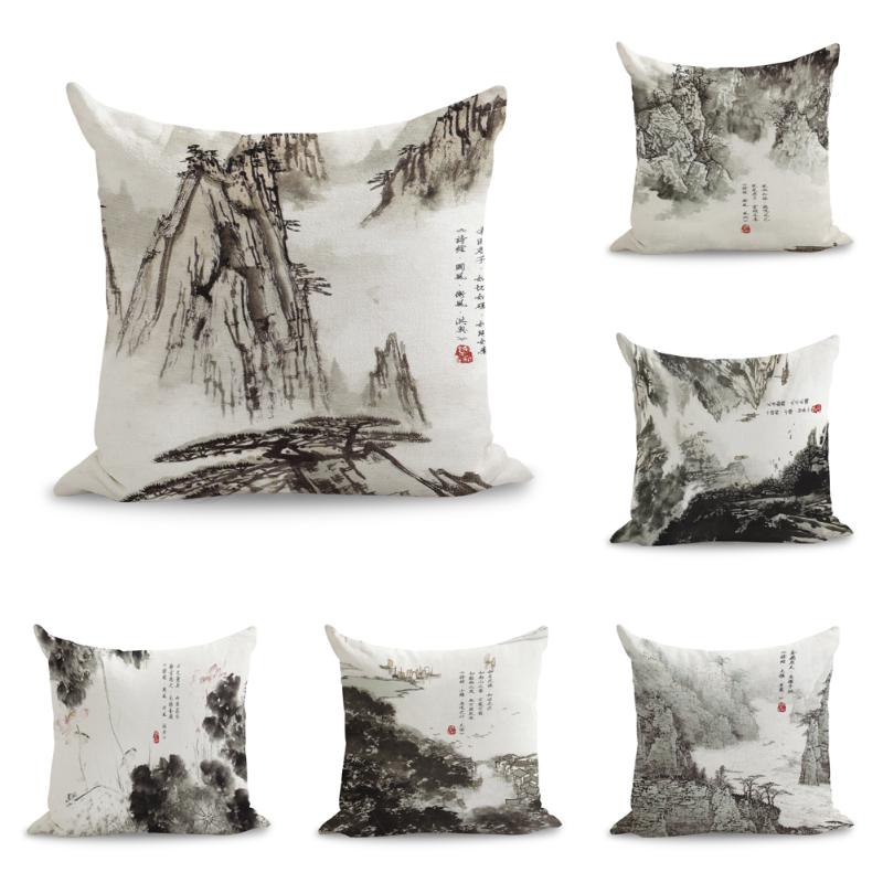 

Ink Wash Chinese Traditional Landscape Painting and Poem Quotes Pillows Linen Couch Seat Cushion Throw Pillow Home Decor Gift