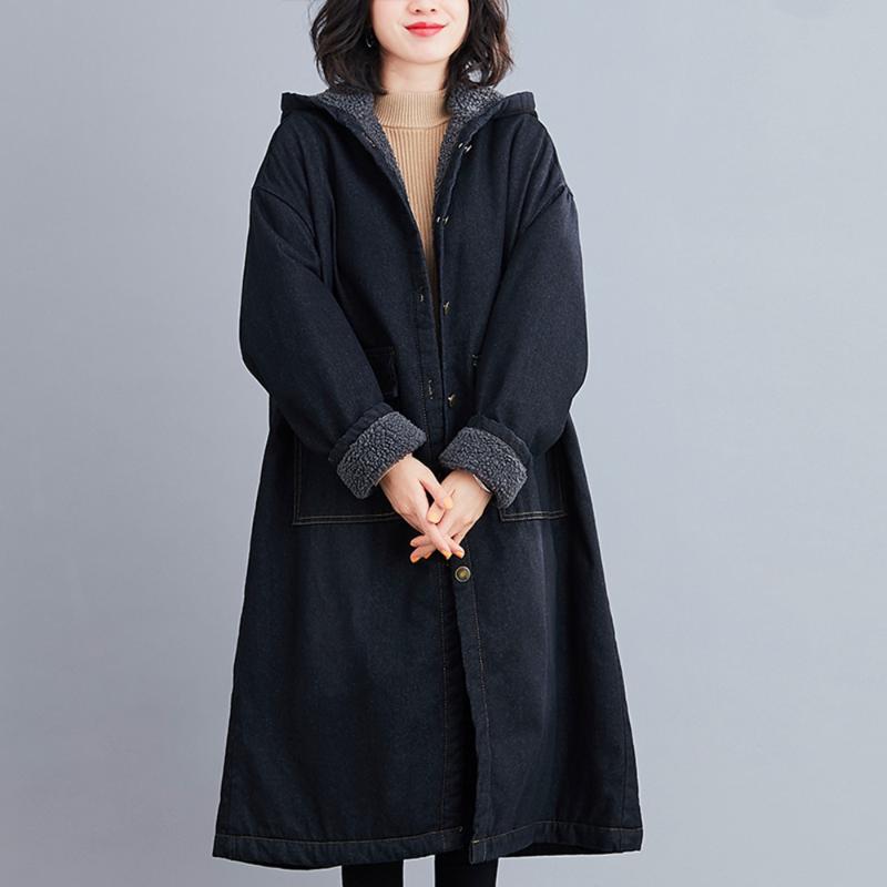 

New Plus Size 190 Catties Sherpa Thicken Padded Coats Autumn Winter Casual Loose Pockets Hooded Jeans Coat For Females Overcoat, Black