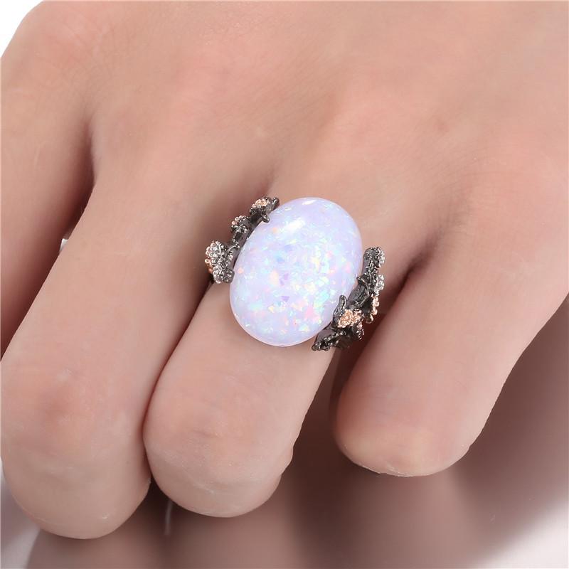 

AMORUI White Fire Opal Natural Stone Rings For Women Vintage Plum Blossom Tree Flower CZ Stone Rings Drop Shipping Wholesale