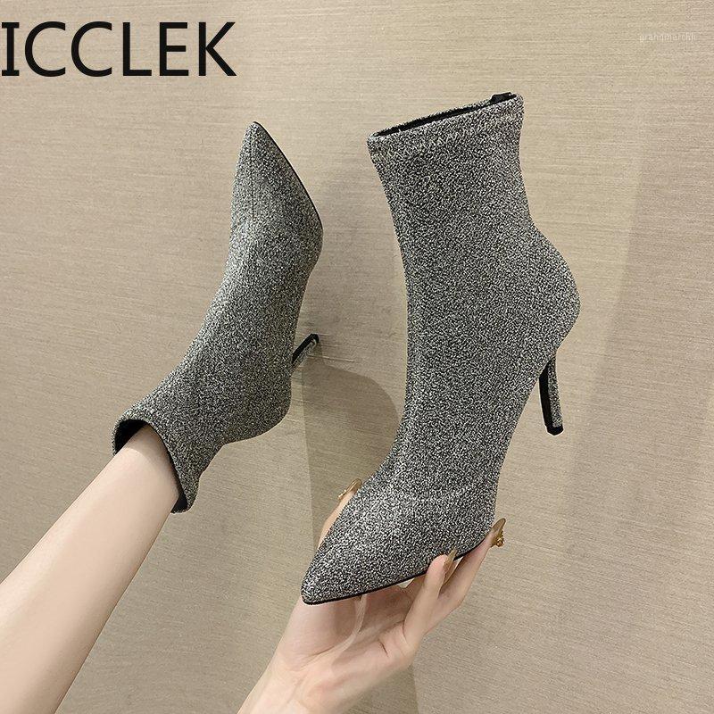 

Women Boots Ankle Short Boots Flock Pointed Toe 7CM Thin Heels Winter Booties Woman Wool Elastic Slip on Women A0921, Black
